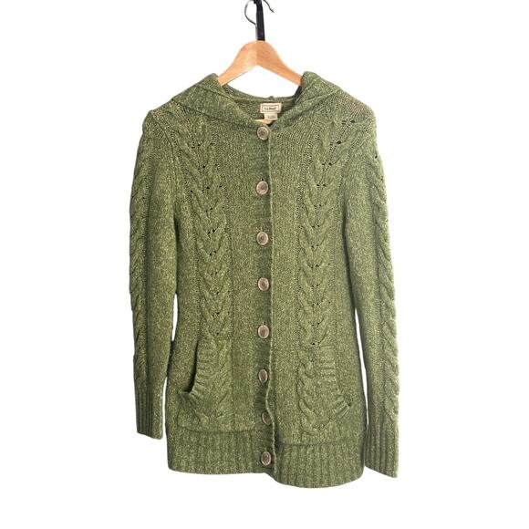 Vintage L.L. Bean Green Cable Knit Wool Blend Cardigan Sweater Size XS - Picture 1 of 5